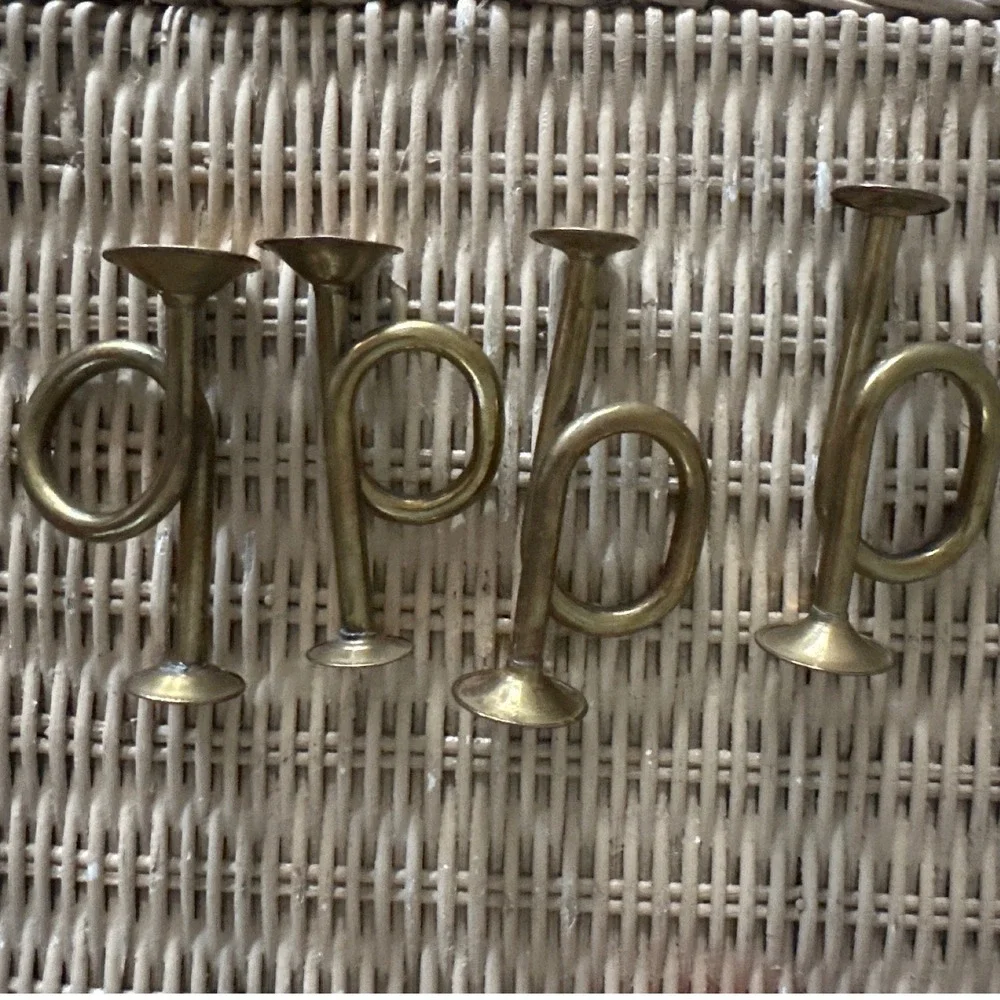 Vintage Solid Brass Trumpet Horn Ornaments Hand Crafted India Set of 4 4-Inch